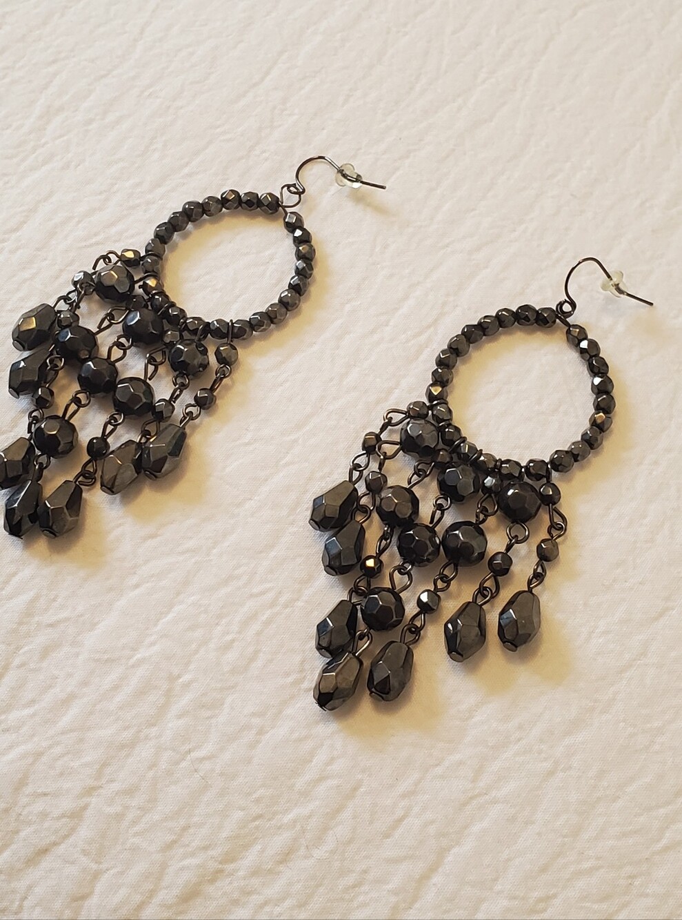 Black Beaded Hoop Fringe Chandelier Statement Earrings